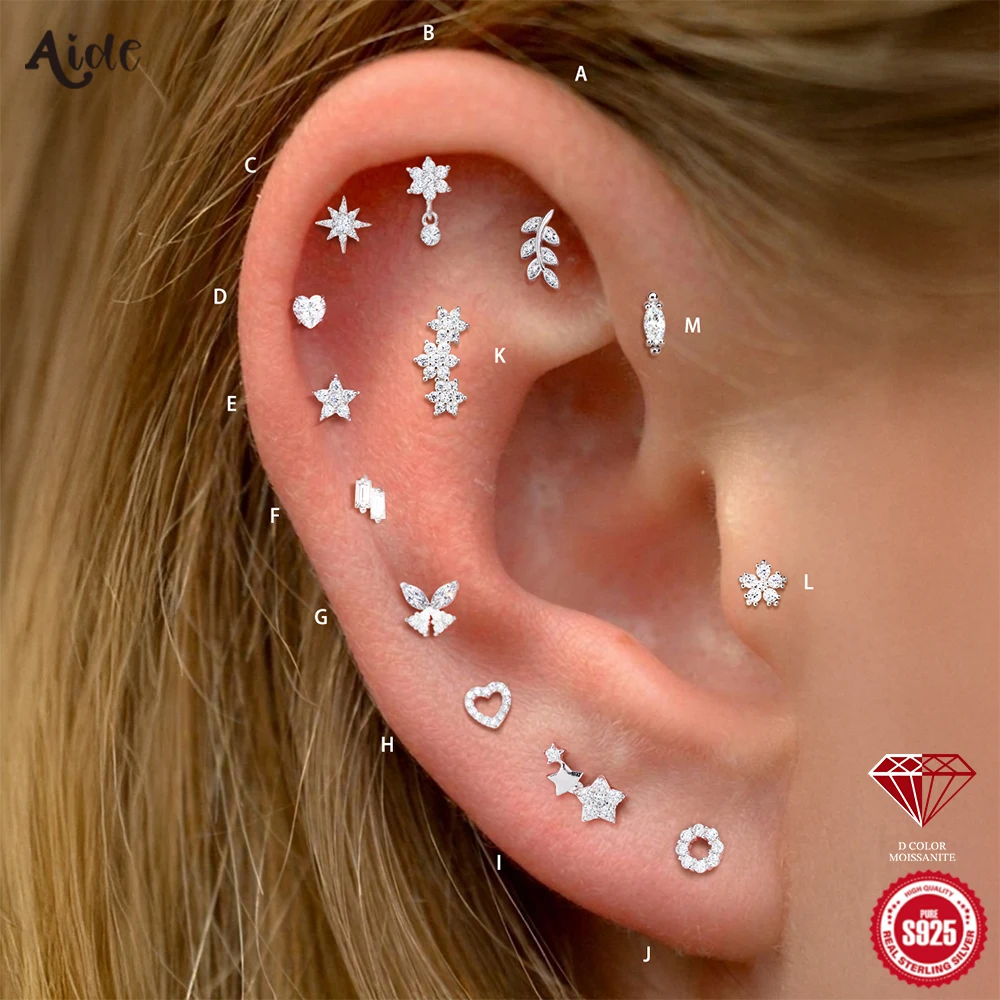 Aide 925 Sterling Silber Moissanit Knorpel-Ohrstecker 12er-Set Gemischte Blumen-/Herz-/Schmetterlings-Piercings für Damen Ohrstapel-Design