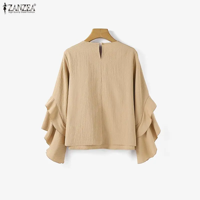 Elegancka bluzka damska z długim rękawem ZANZEA, modna kolekcja 2025, falbaniaste topy, okrągły dekolt, luźna koszula, koreański styl streetwear, bluzki damskie.