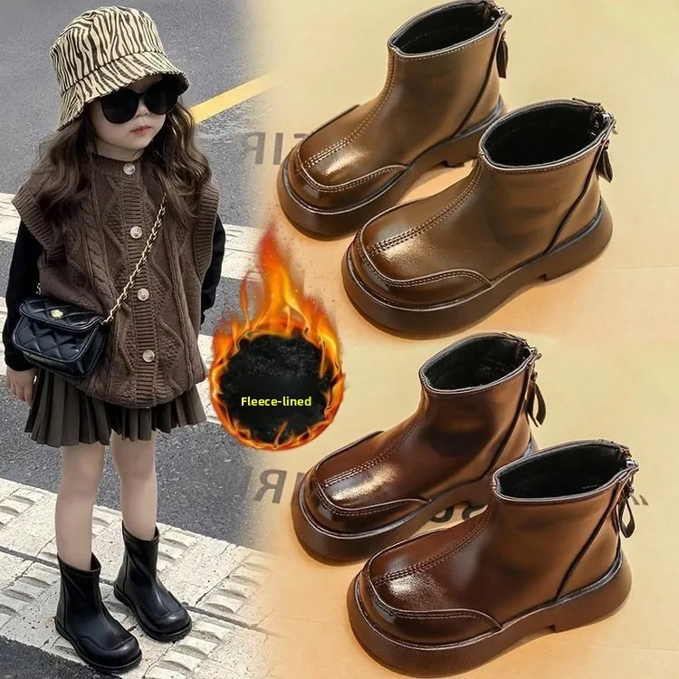 Children Fashion Boots Simple Girls Ankle Boot Solid Color Kids Short Leather Boots Side Zipper Thick Bottom Autumn Winter 2026