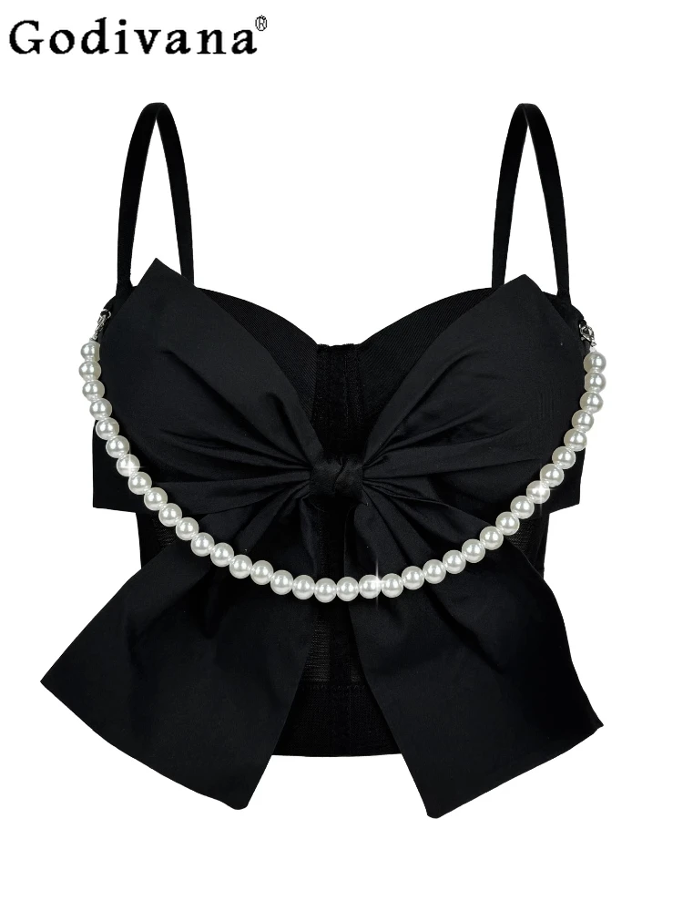 

Elegant Pearl Chain Three-dimensional Bow Fishbone Bra Vest Summer New Sexy Girl Short Sweet Solid Color Versatile Suspender Top