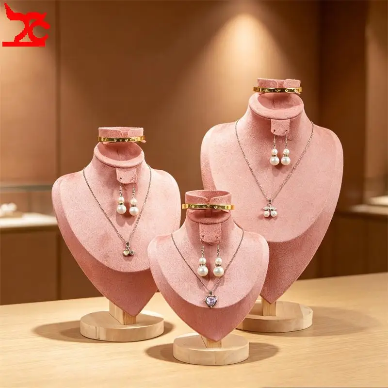 

Wooden Base Pink Suede Jewelry Bust Display Stand Necklace Earring Mannequin Model Pendant Earring Bracelet Organizer Holder