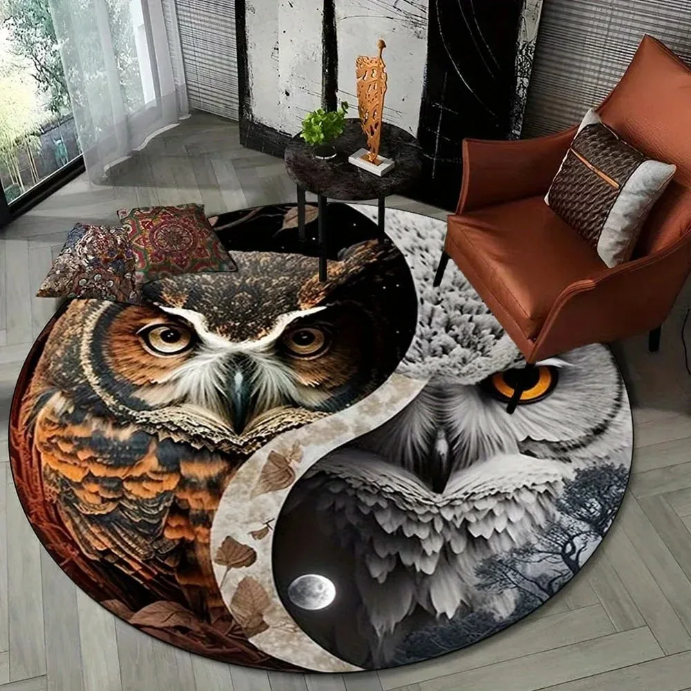 Yin‑Yang Dual Owl Round Area Rug Soft Non‑Slip Floor Carpet Day Night Wisdom Bird Print Mat for Living Room Bedroom Home Decor