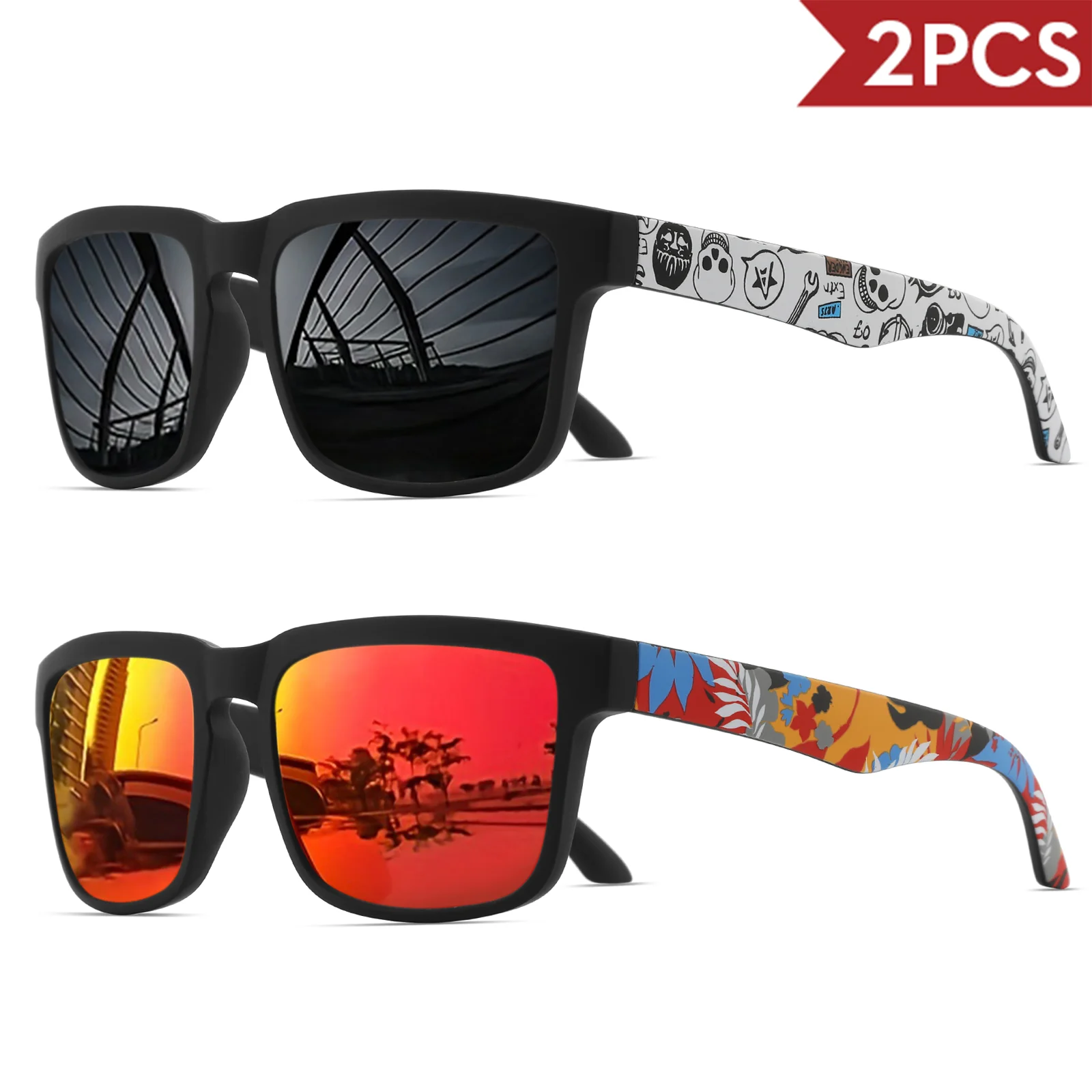 2 quadratische Sport-Sonnenbrille mit Designer-Tempelmuster – UV400 für Männer und Frauen, Strandurlaub