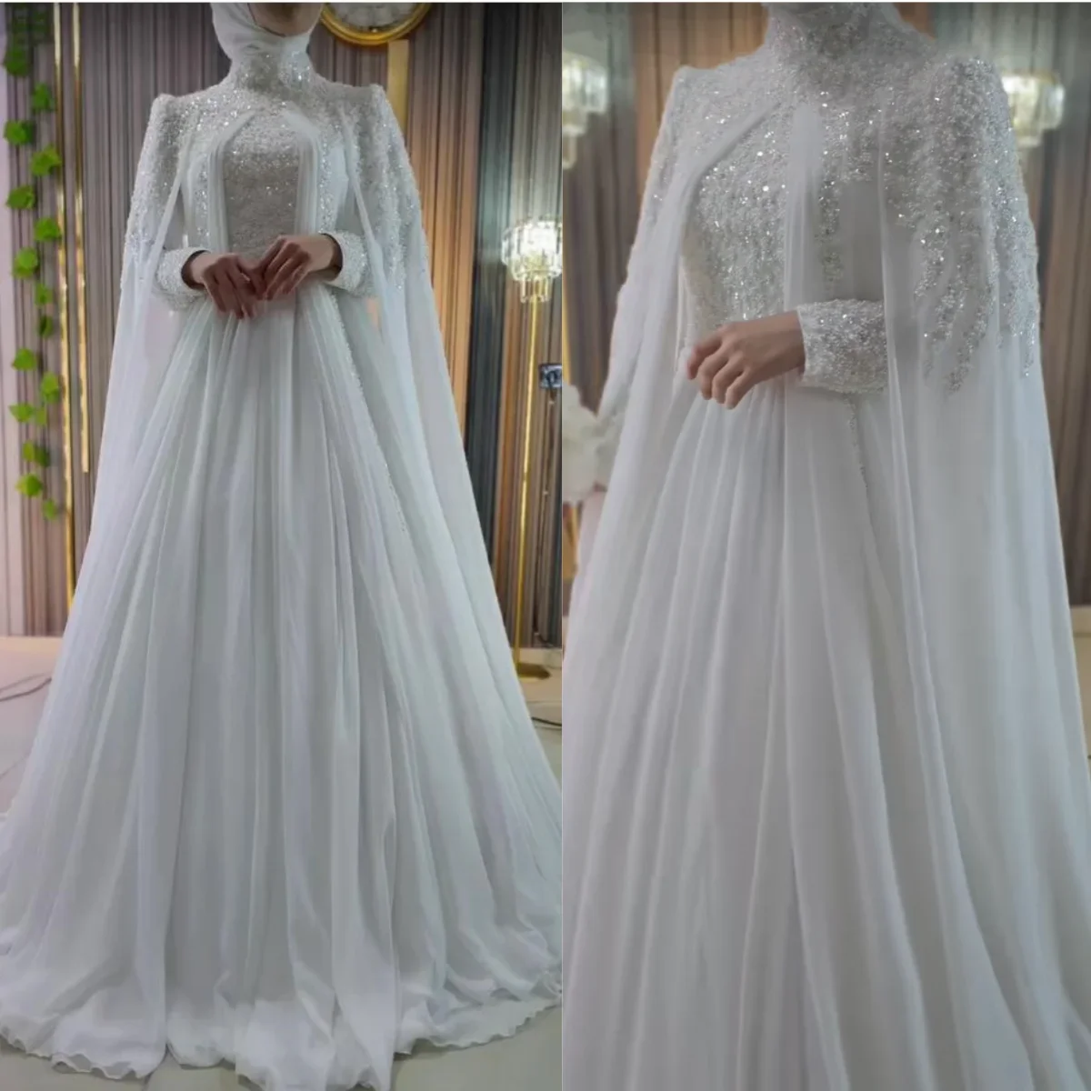 Customized Women's Elegant Arabic Wedding Dress With High Neck Long Sleeves Embroidered Yarn Pearl Sequins Vestidos De Novia