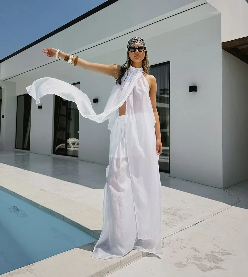 Spring Perspective Tencel Trousers Suit Women Long Sleeveless Slit Vest +high Waist Loose Wide-leg Pants Autumn Two Piece Set