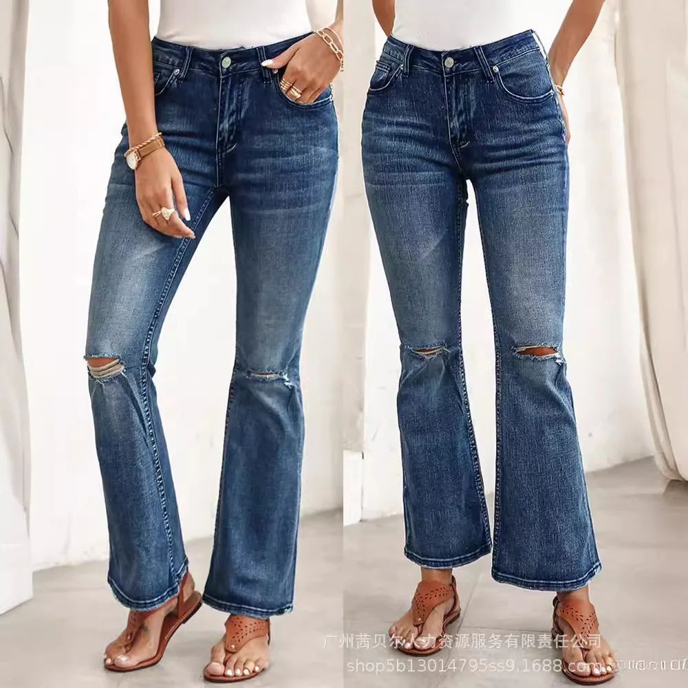 

Jeans Women Long Pant Elegant Splice Denim Pants Slim Fit Sexy Solid Casual Tight High Waist Hole Flare Trousers Summer