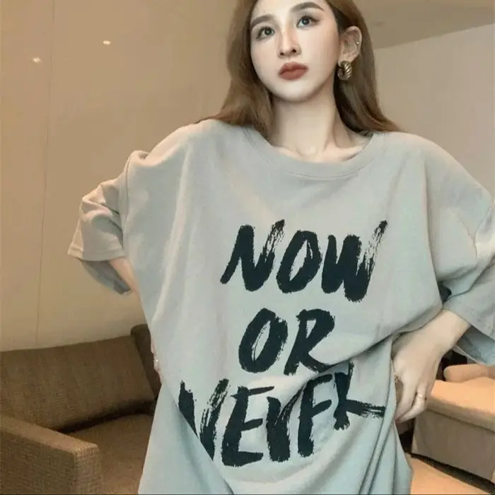 Retro Hong Kong style loose casual printed mid-length T-shirt Korean Style Oversized Summer Letters Tee Shirts