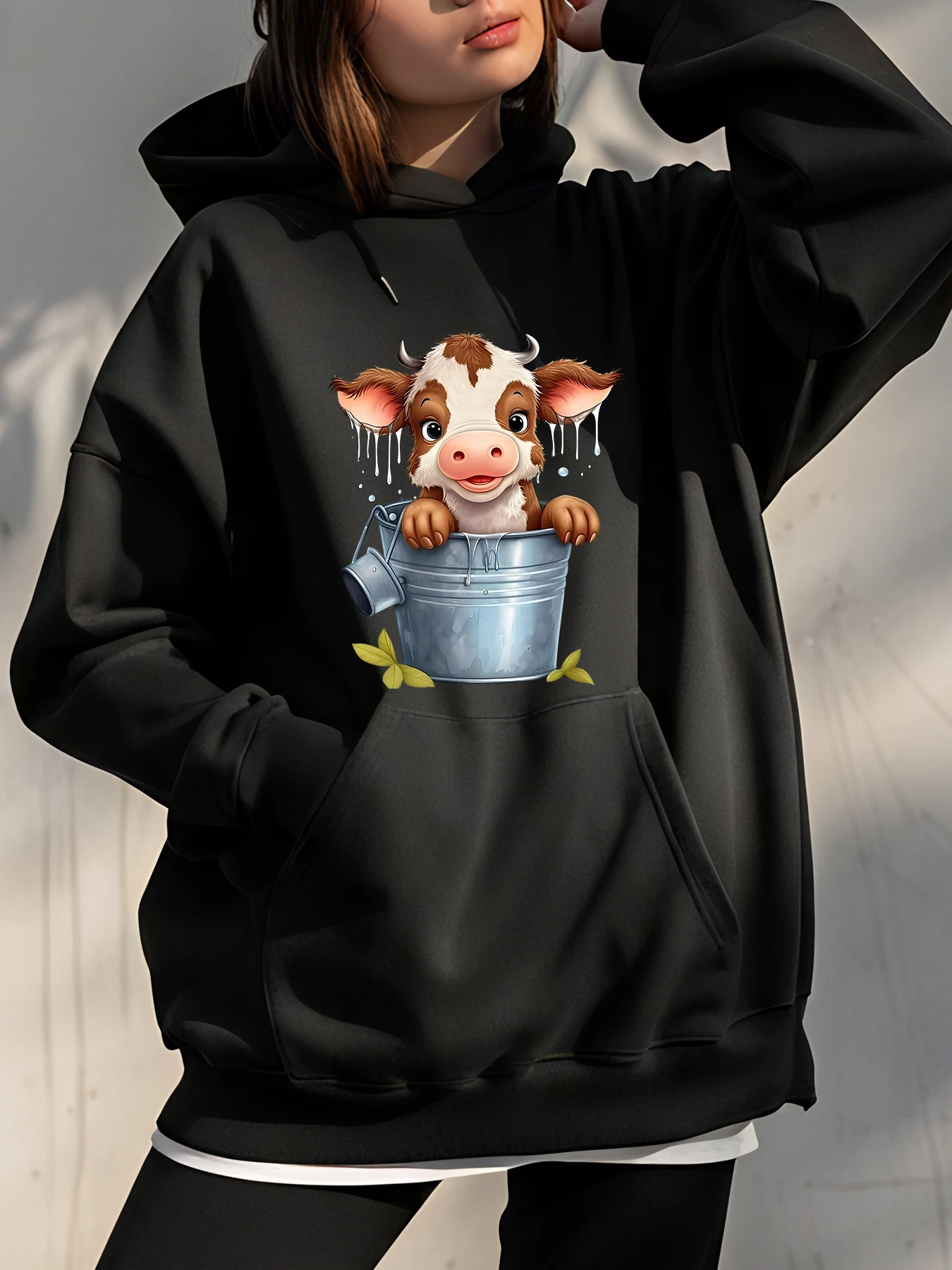 

Толстовка с принтом милой коровы в ведре, повседневная толстовка унисекс для женщин и мужчин, осенне-зимняя модная уличная одежда