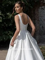 New Arrival Satin Wedding Dress Customized Cap Sleeve Round Neck Applique Draped Skirt Sweep Train Robe De Mariage Bride Gown 4