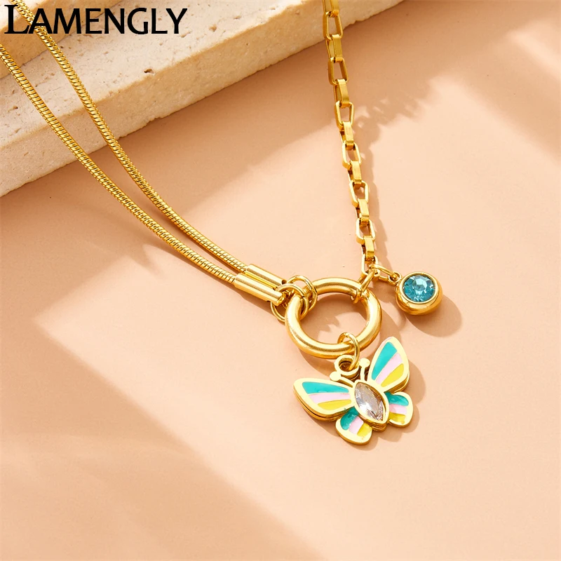 

LAMENGLY 316l Stainless Steel Advanced Multi Chain Design 3-Color Butterfly Rhinestone Pendant Necklace Women Elegant Jewelry