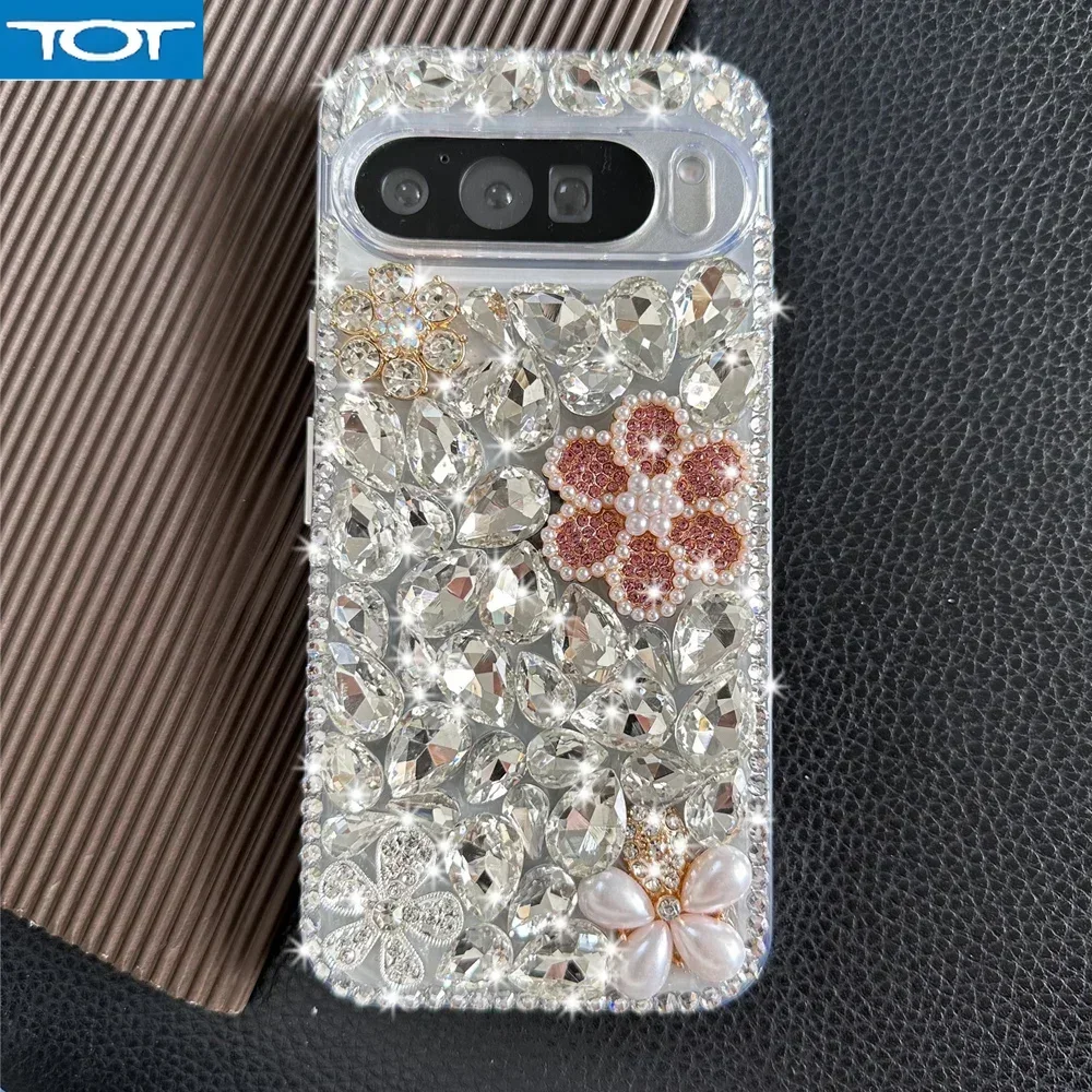

Bling Pink Pearl Flower Case For Google Pixel 9 Pro XL 8 Pro 7A 7Pro 6A 6Pro 5A Luxury Glitter Rhinestone Silver Diamond Cover v