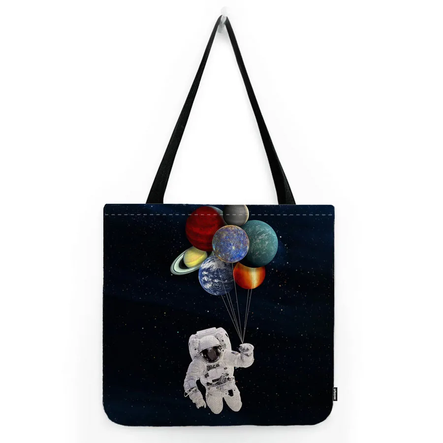 Astronaut Painting Solar Galaxy Planet Balloon Outer Space Museum Canvas Bag Water Resistant Cotton Linen Shoulder Tote Bag