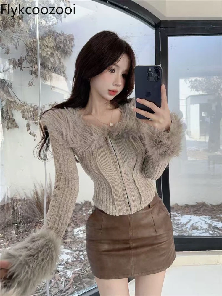 2024 New Hot Girl Furry Long-sleeved Sweater Slim-fitting Short Top for Women Chic Autumn and Winter Long-sleeved Cardigans