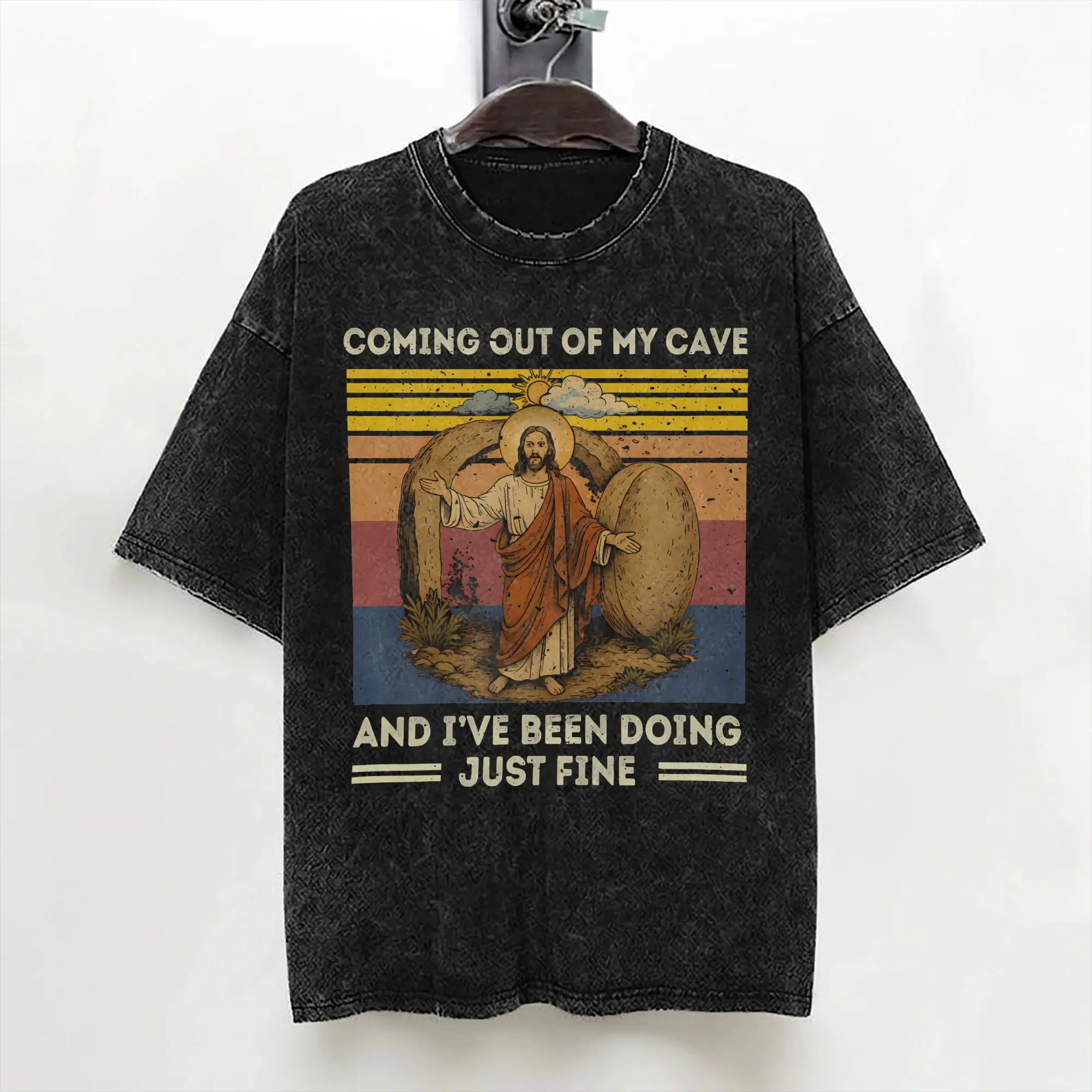 Washed T Shirts Easter Coming Out My Cave Jesus Resurrection Hip Hop Vintage T-Shirts High Street Streetwear Tee Shirt for Men