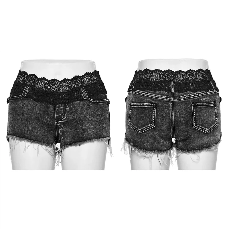 PUNK RAVE Women\'s Punk Lace Waistband Patchwork Denim Shorts Daily High Waisted Wildness Summer Casual Hotshorts