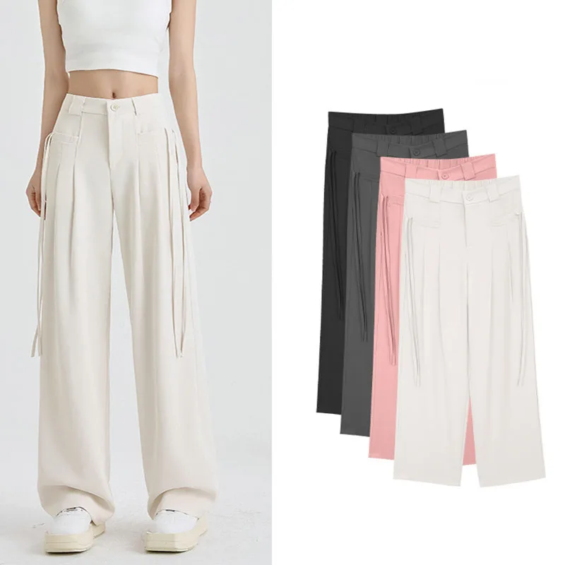 Calça casual feminina de cintura alta de perna larga, elegante calça reta, roupa de escritório, monocromática, primavera, outono, moda