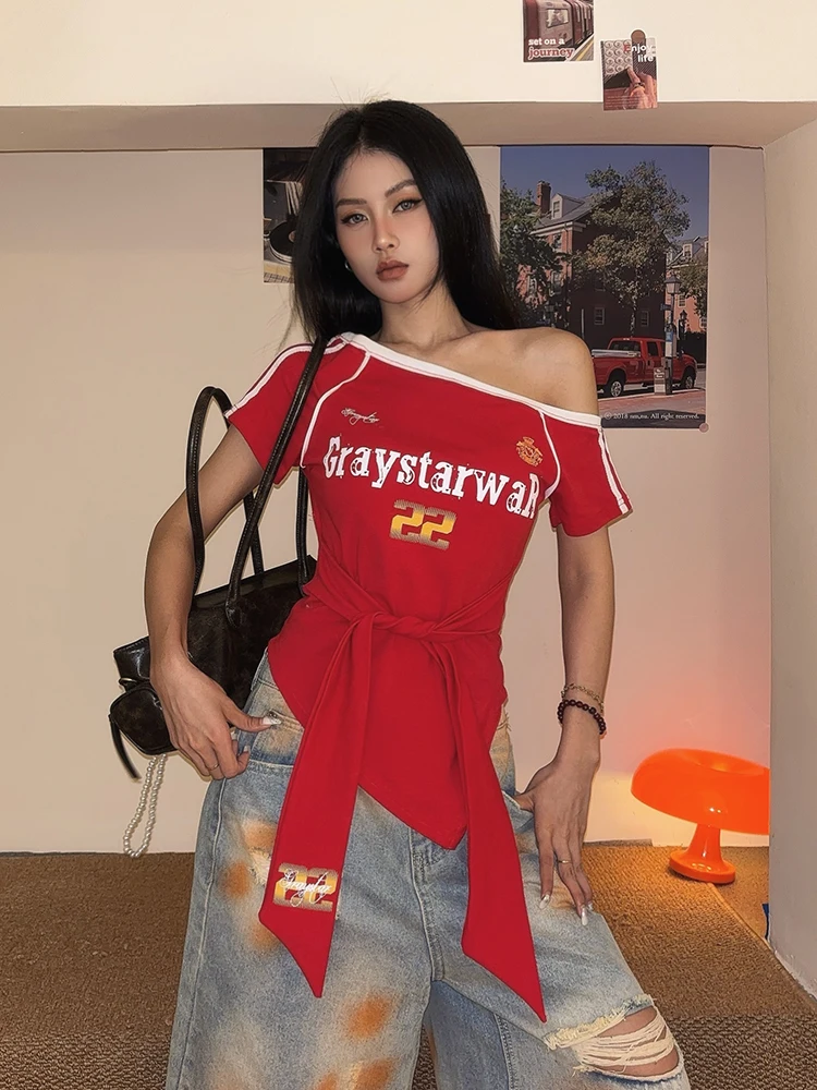 

DoubleD American Retro Red Spicy Girl oulder Bow Waist Cinched Spor ort Sve T-irt Women's Baseball Jersey ort Top