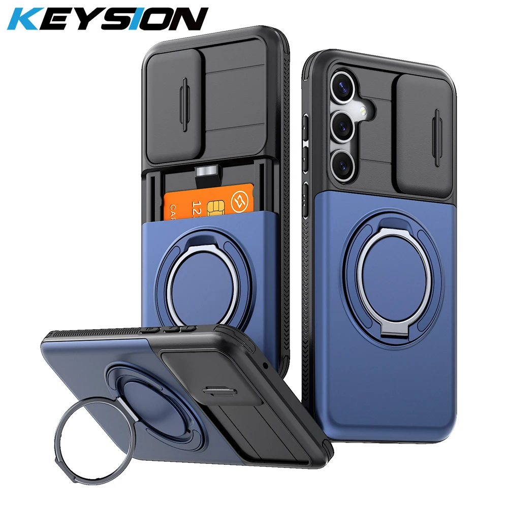 Card Holder Bag Magnetic Phone Case for Samsung Galaxy A55 5G A35 A15 4G Slide Camera Protection 360° Ring Shockproof Back Cover