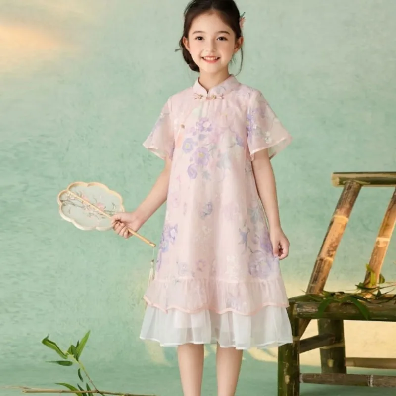 

Girls' Summer Short Sleeved Cheongsam Dress Children's 2026 New Breathable Qipao Dress Kids' Pink Cheongsam Dress For Gift LJ620