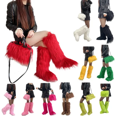 Winter Women Faux Fur Boots And Bag Set Furry Warm Snow Boots Cute Tote Fur Handbag Girls Platform Plush Boots