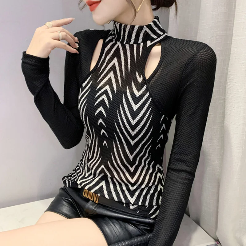 

РАСПРОДАЖА, осенняя женская футболка с длинными рукавами и воротником-стойкой, модные повседневные полосатые лоскутные сетчатые топы