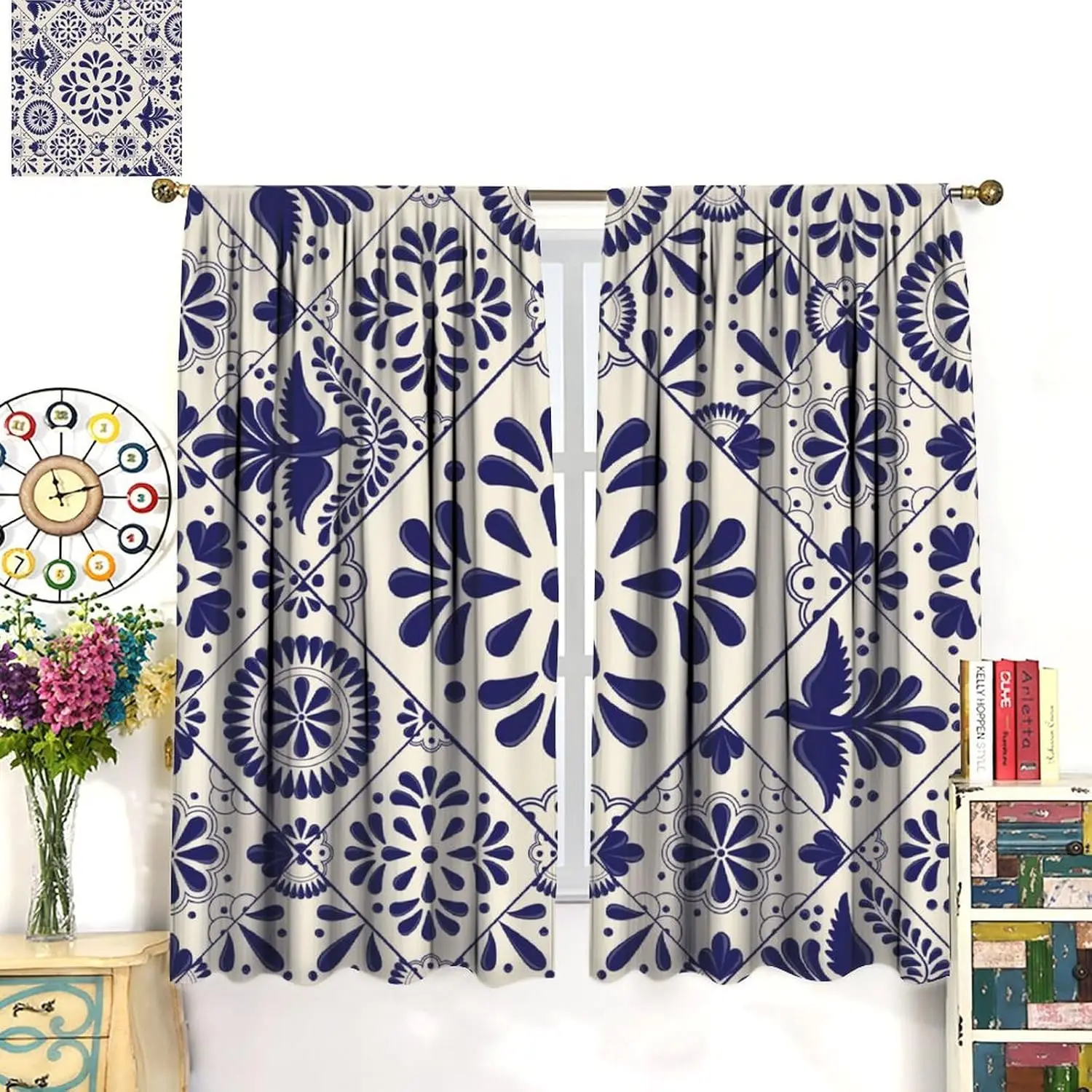 Traditional Mexican Curtains, Art Abstract Ethnic Mexican Floral Bird Print Window Drapes, for Living Room Bedroom (Decorative)