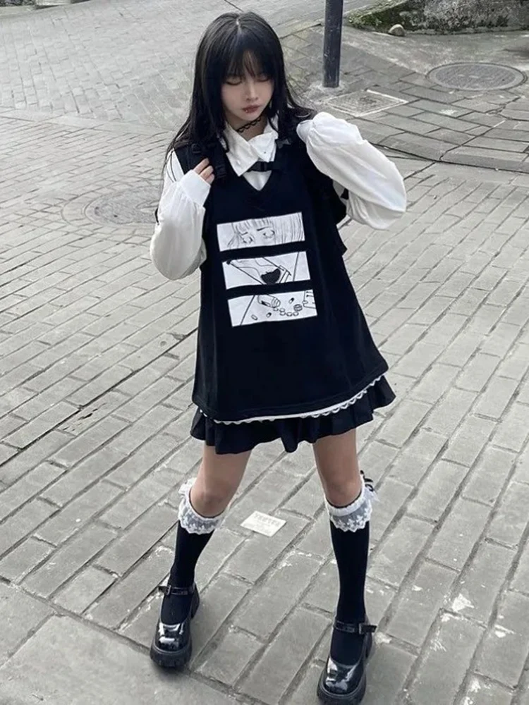 Y2k الجمالية أنيمي المطبوعة سترات النساء خمر التداخل أكمام فضفاضة صدرية القمم Harajuku الجرونج موضة الدبابات