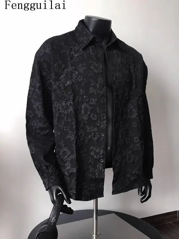 Men Oversized Jacquard Floral Shirt Black Embossed Pattern Lapel Long Sleeve Button Down Gothic Style Casual Tops