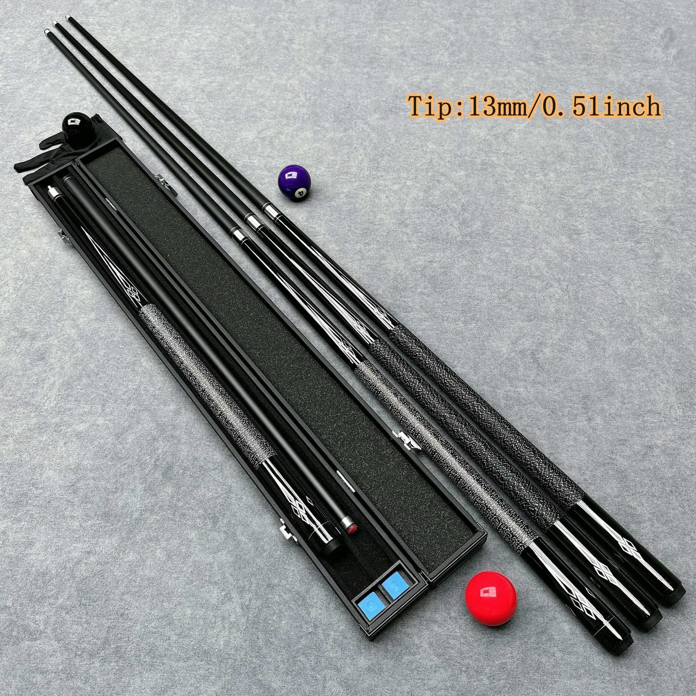 Fiberglass Pool Cue, 1/2 Split Billiard Cue Stick, Optional 10mm / 11.5mm /13mm Tip, Portable Pool Stick with Hard Cue Case