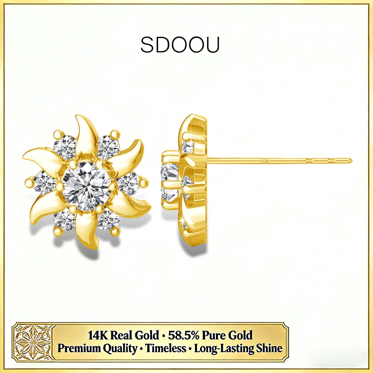 

SDOOU 0.3CT Moissanite Sunflower Stud Earrings for Women Real 14K Gold Lab Created Diamond Earring Daily Wear Party Fine Jewelry