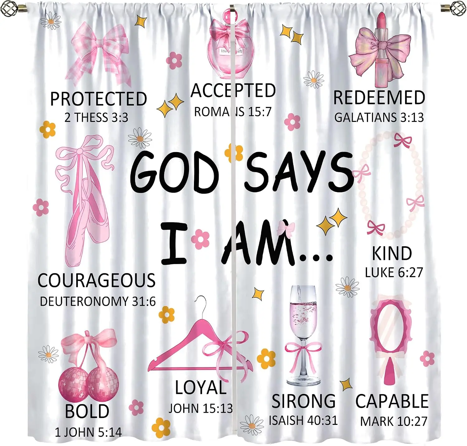 Pink Bow Beauty Bible Verse God Says I Am Print Blackout Rod Pocket Curtain Modern Luxury Elegant Living Room Rest Window
