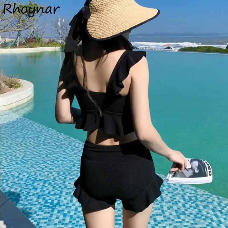 Bikini Set Women Square Collar Ruffles Solid Minimalist Beach Stylish Students Gentle Hotsweet Backless Summer Swimwear Kpop Ins