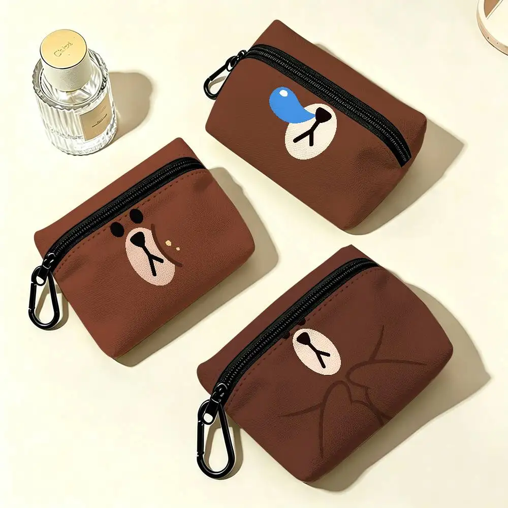 L-Lines Friends B-Brown Bear White Oxford Cloth Zipper Coin Purse Lightweight Hanging Key Pouch Card Holder For Daily Use