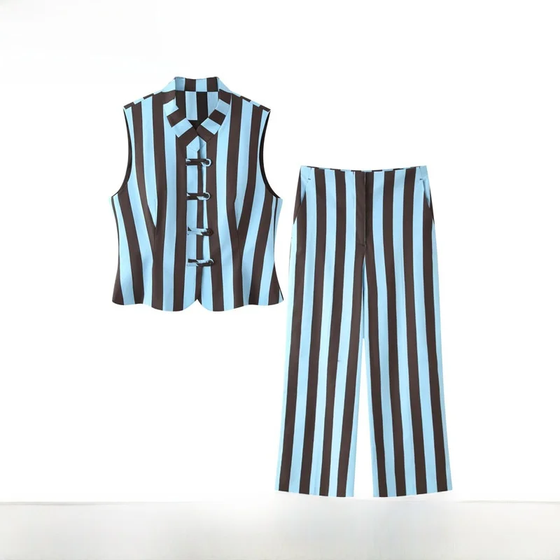 New Summer Women's Striped Vest Top And Straight Leg Pants Fashion Set Short Sleeve Zipper Closure Casual Outfit Two Piece Set
