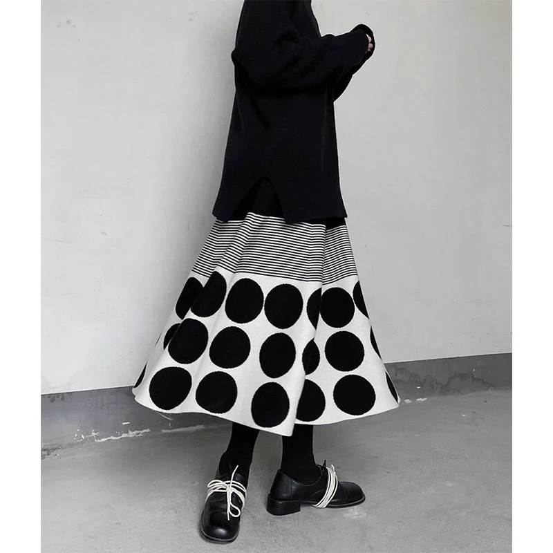 Vintage Polka Dots Knitted Midi Skirt Women Harajuku Striped Patchwork Skirts Winter Korean Elegant Loose Design A Line Faldas