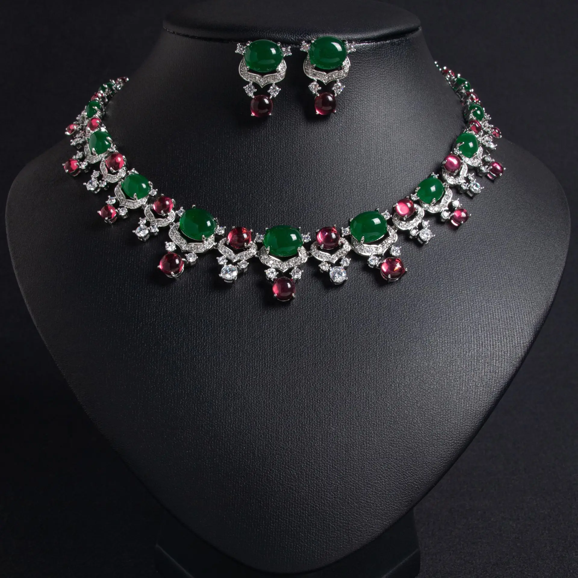 

European and American style bride set with diamond zircon necklace earrings set summer female emerald oval luxury jewelry