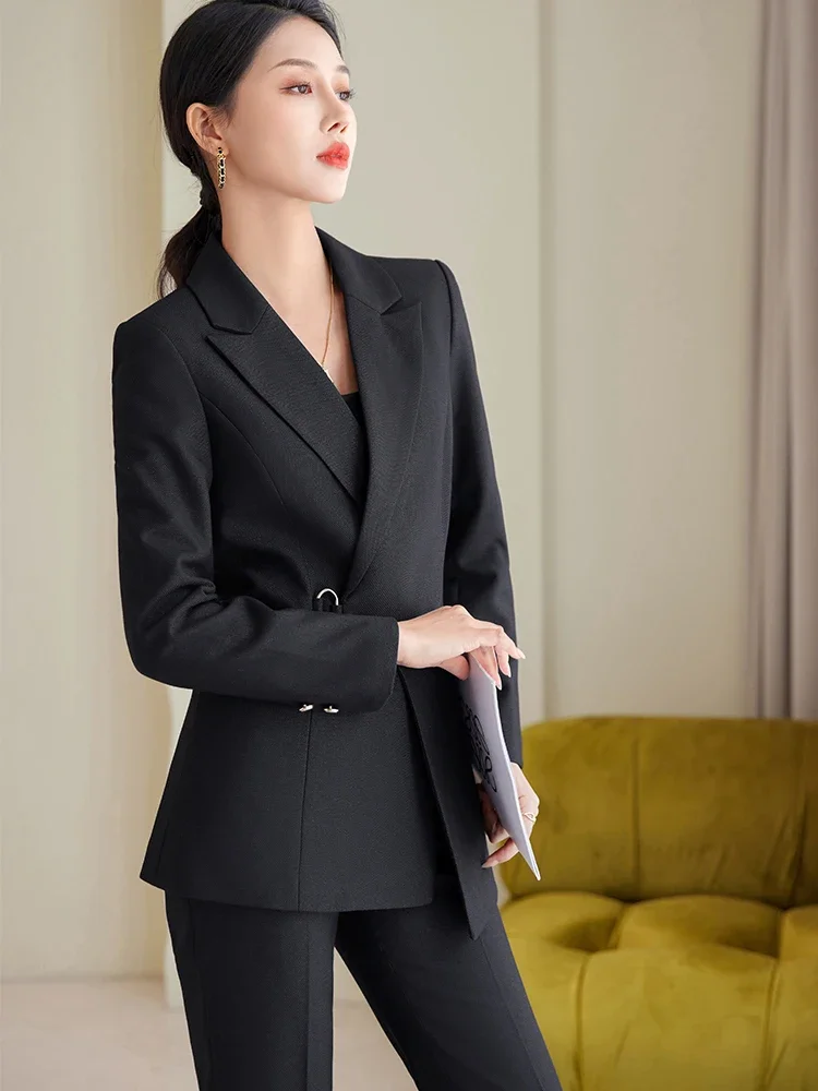 جودة الخريف الشتاء السيدات بدل رجالي المرأة الأزرق القهوة السوداء الإناث ملابس العمل سترة السترة وبنطلون رسمي 2 قطعة مجموعة