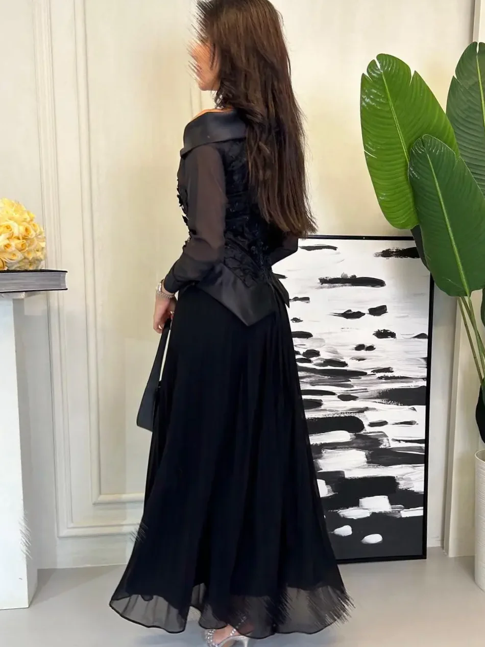 Applique gaun Prom hitam gaun malam wanita Arab Saudi Satin sifon A-Line lengan panjang gaun pesta Gown رbian semi