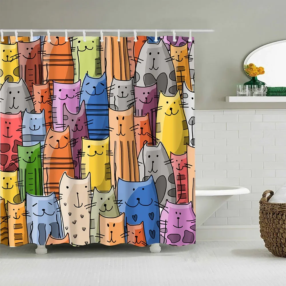 Cartoon Painted Cat Dog Shower Curtain Abstract Animal Bathroom Curtain Waterproof Polyester Fabric Shower Curtain With Hooks