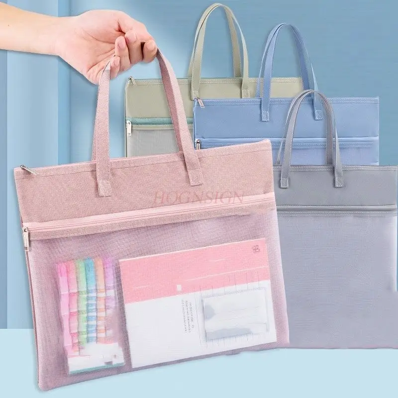 

1pcs Tutorial bag, hand-held double-layer file bag, zipper style with card slot, self filling large capacity data bag