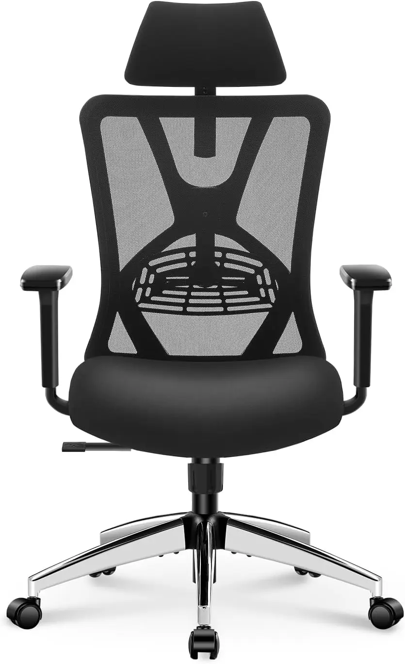 High back office chair with adjustable lumbar support, headrest and 3D armrest - 130° swing net computer chair