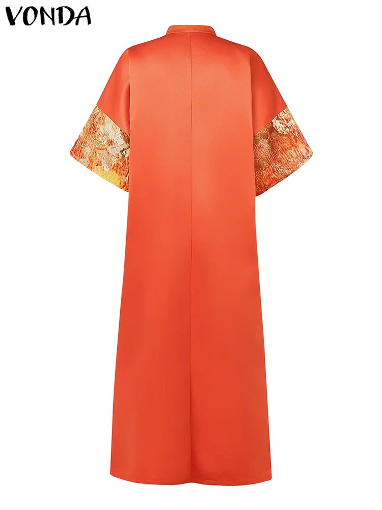 VONDA Sukienka Maxi w stylu bohemy Damska Letnia Sukienka na Ramiączkach Satynowa Jedwabna Krótki Rękaw Imprezowa Vestidos 2025 Vintage Dekolt w Serek Jednolity Kolor Szata