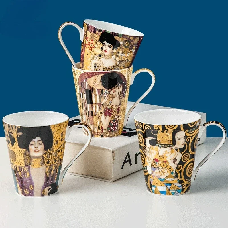 Klimt Kiss Porcelian Mugs Coffee Cups with Spoon Gustav Klimt Bone China Ceramic Cups Creative Bubble Tea Cup Office Drinkware