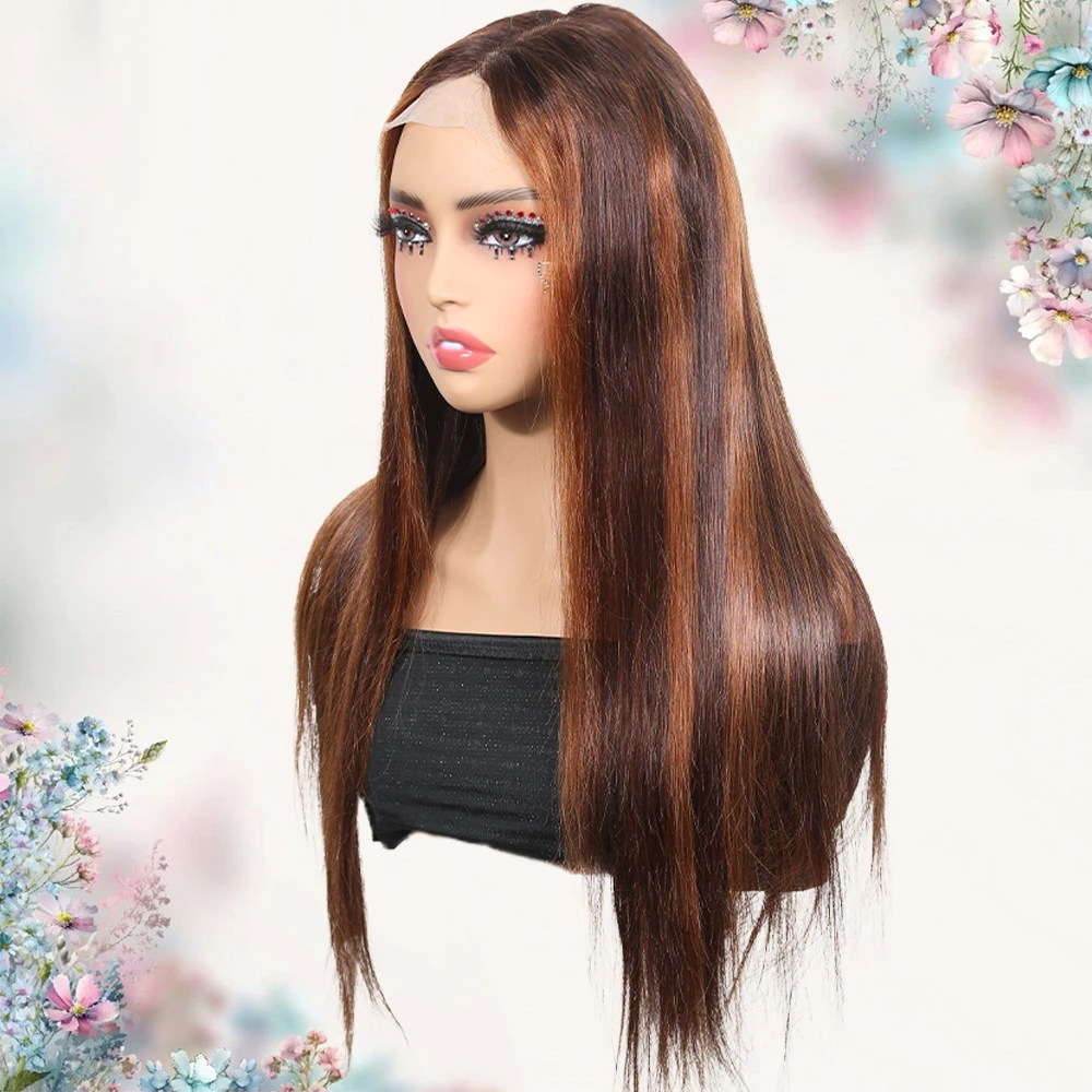 

3-33 Highlight Brown Straight Human Hair Wigs 4x4x1 T Part Lace Transparent Lace Closure Wig For Women 150 Density PrePlucked