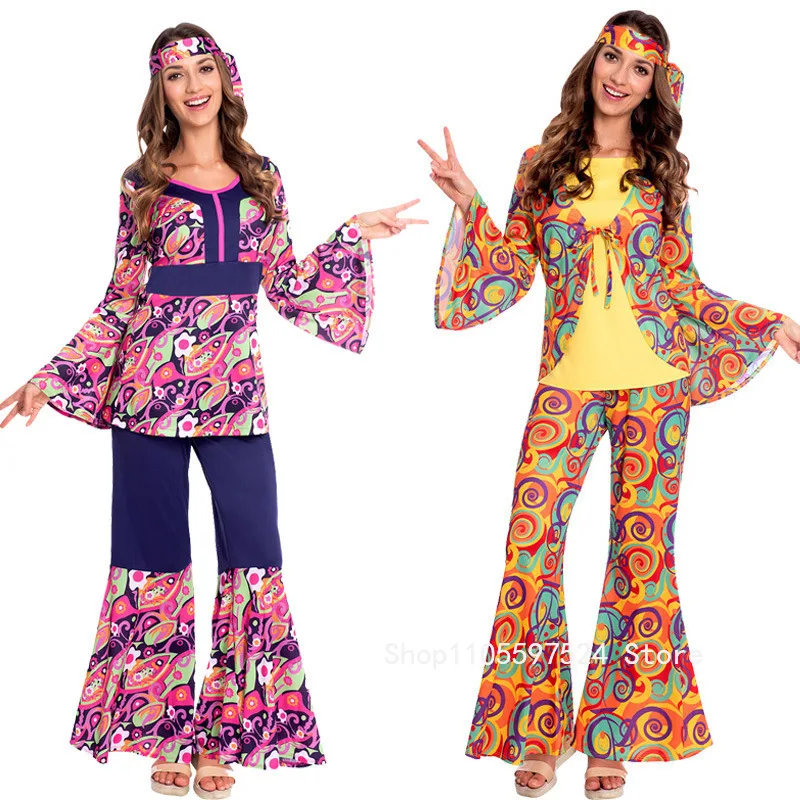 Paar-Kostüme im 70er- und 80er-Jahre Hippie-Disco-Stil für Damen und Herren, 60er-70er Cosplay-Kostüm-Set mit Stirnband, Unisex Halloween-Verkleidung für Erwachsene