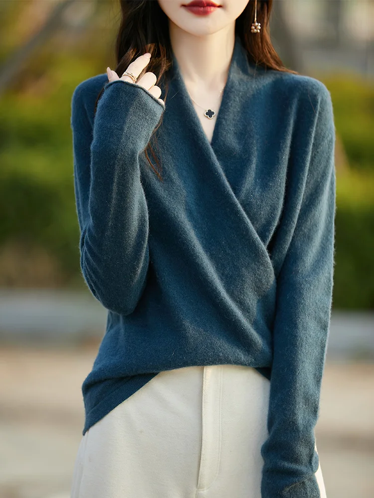 Femmes laine pull croix col en v pull automne hiver bureau dame 100% laine mérinos tricots chaud doux Style cachemire capote