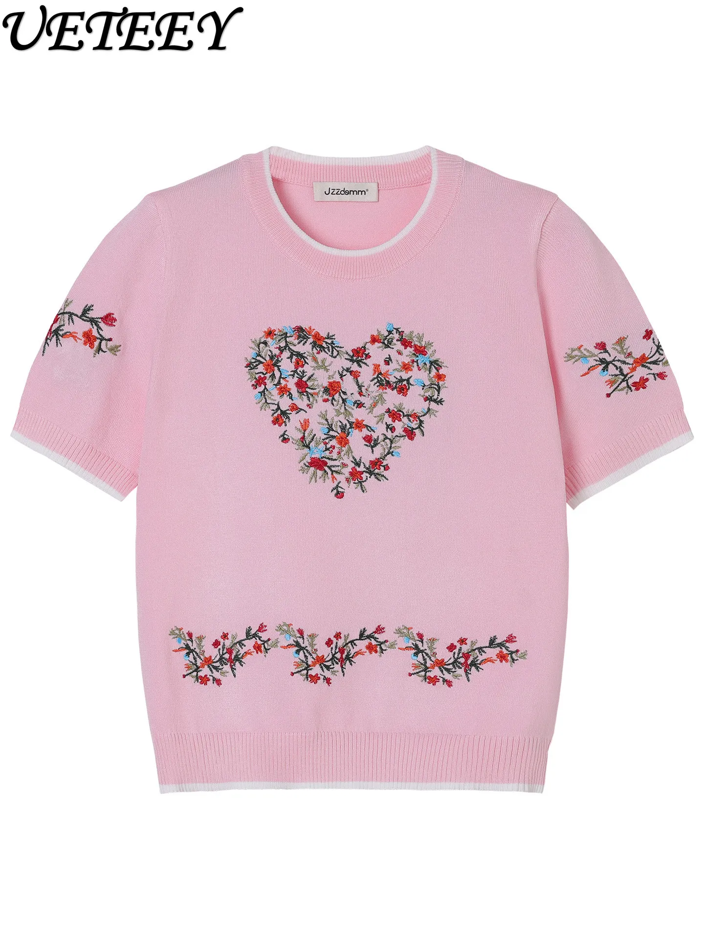 

Elegant Sweet Floral Embroidered Short Sleeve Knit Top Women 2026 Summer New Arrival Versatile Slim-fit T-shirt Sweater