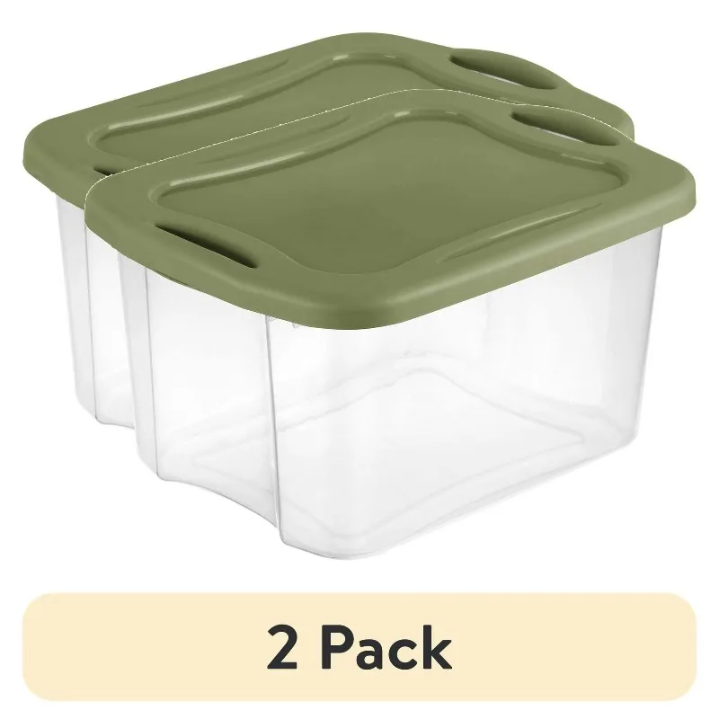 

2 Pack Plastic Storage Bin 40 Quart EZ Carry Full Grip Handles Clear Base Recessed Lid Stackable Green For Home Organization
