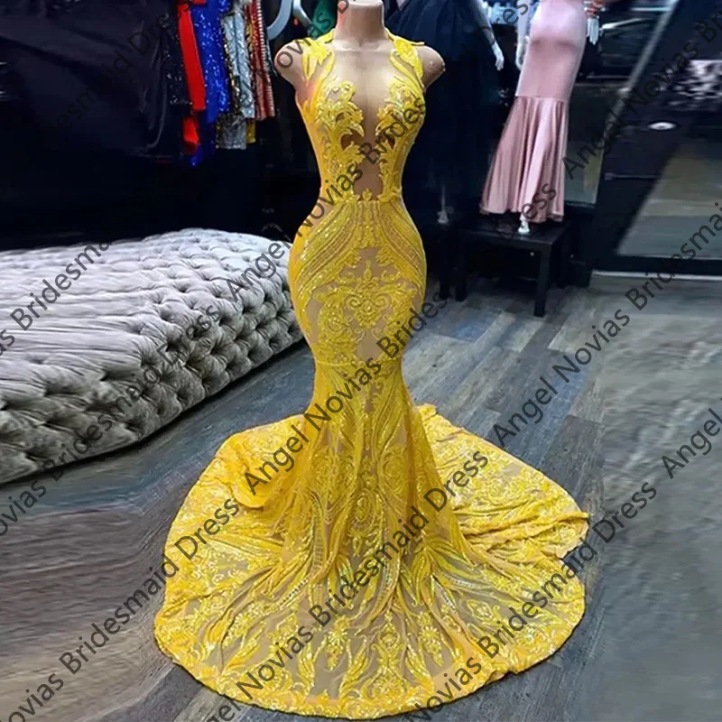 

Sheer Neck Long Mermaid Yellow Prom Dressses 2026 Vestidos De Fiesta Elegantes Graduation Evening Party Dresses Customized