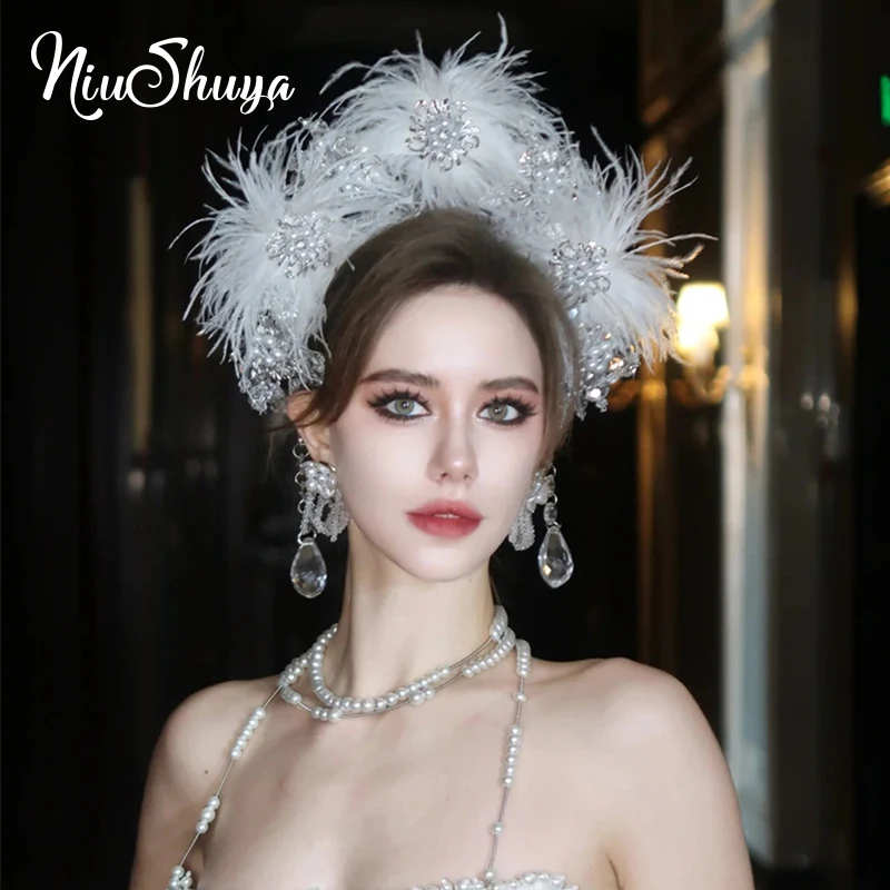 

NiuShuya Original Dreamy White Bride Feather Crown Headband New Catwalk Luxury Wedding Headpiece Accessories